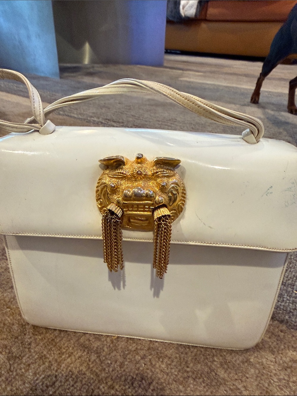 Judith Lieber White Leather Top-Handle Bag with Gold Dragon Clasp